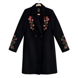 Primark Black Embroidered Floral Longline Coat